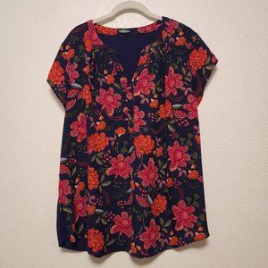 Papermoon for Stitchfix Navy Blue w/ Pink & Orange Flowers Cap Sleeve Blouse 2XL